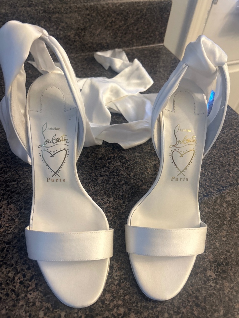 Christian Louboutin White Satin Ankle-Tie Heels